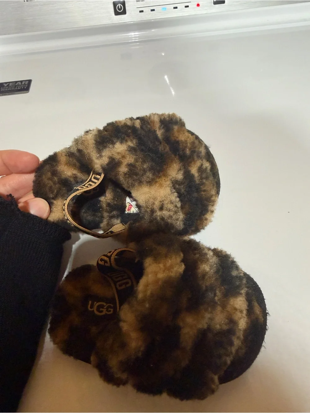 UGG Kids Brown Leopard Faux Shearling Slide Sandals
